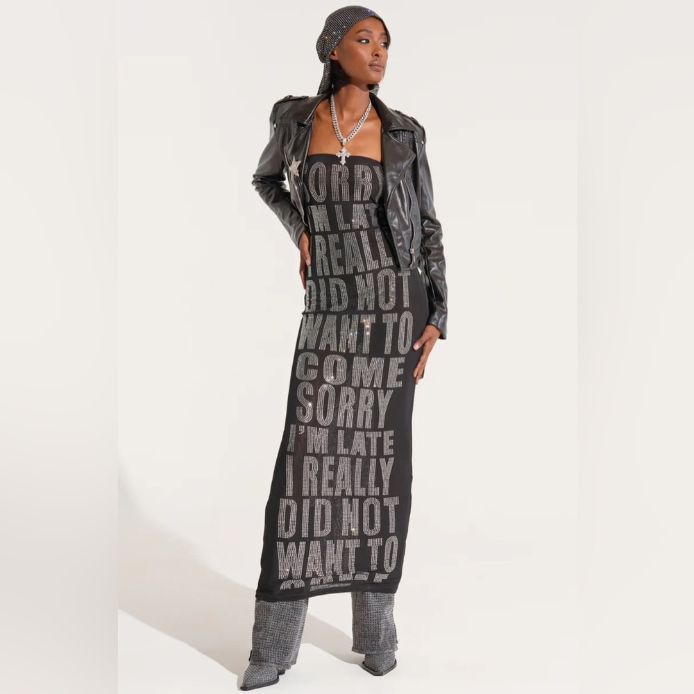 NWT.  AKIRA I'm Late Rhinestone Graphic Midi Dress. - Picture 3 of 9